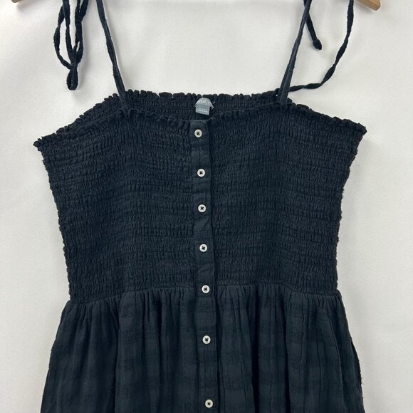 Aerie Women's Size Large Black Smocked Ribbed Midi Tie Strap Button Down Dress - Picture 12 of 16